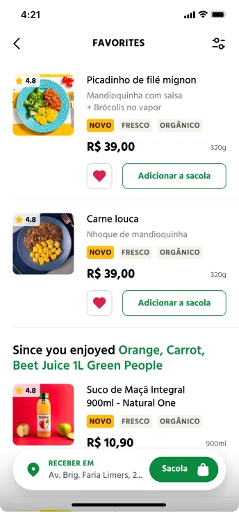 Favorites page listing saved items with a Since you enjoyed suggestion block