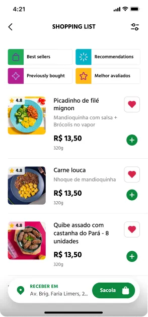 Shopping list with Best sellers, Recommendations, Previously bought and Best rated shortcuts